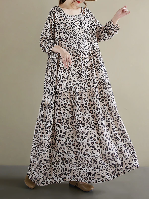 Gaun Maxi Motif Leopard Kasual untuk Wanita Ukuran Plus, Longgar, Lengan Panjang, Kerah Bulat, Cocok untuk Musim Panas, Gugur, Jalan-Jalan, Liburan