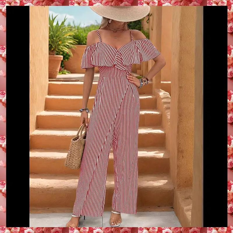 Mulheres listrado plissado macacões elegante verão suspender calças de perna larga macacão