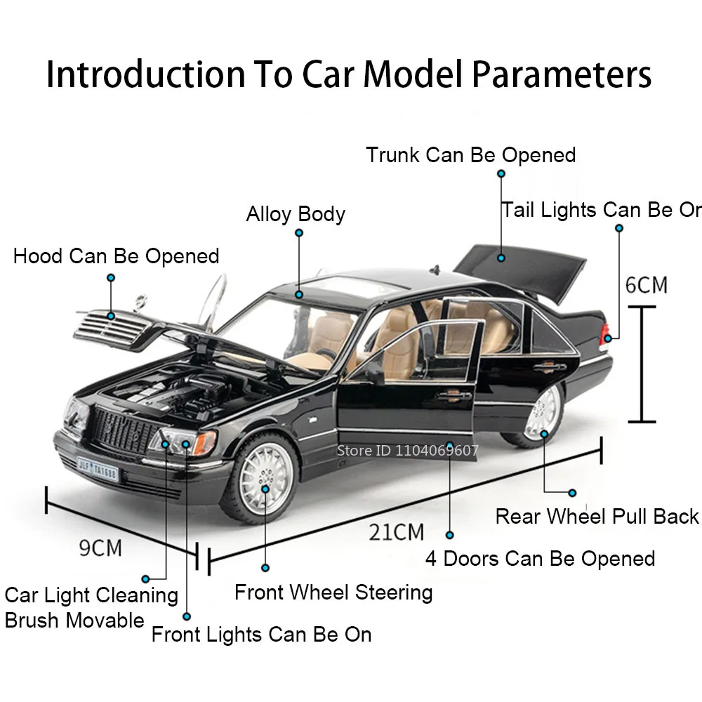 1:24 W140 320SEL 300SEL Speelgoedautomodellen Legering Diecast Geluid Licht Deuren Geopend Trek Decoratie Voertuigmodel voor Kinderen Volwassenen