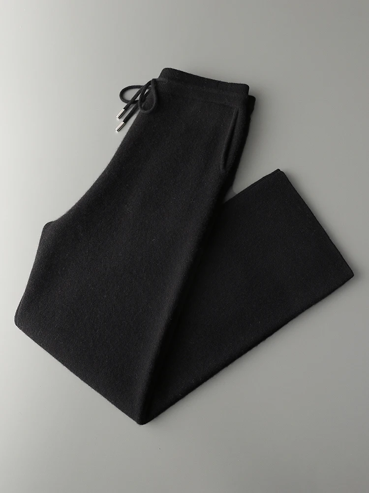 Chic Men's Wide-Leg Pants Thick 100% Cashmere Light Soft Autumn Winter Fashion Lace-Up Basic Solid Casual Loose Bottoms