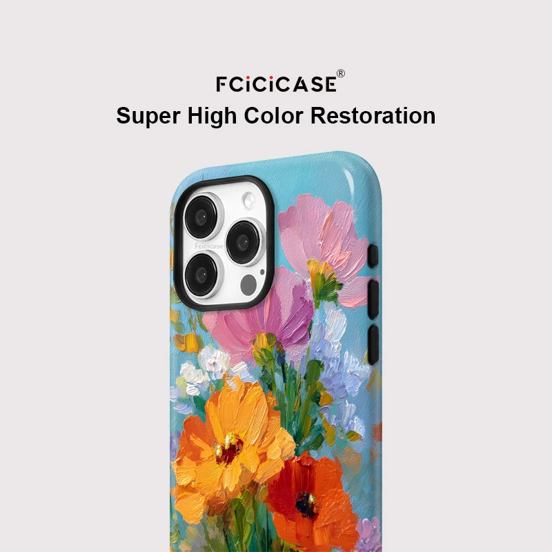 Fcicicase حافظة هاتف من السيليكون لهاتف آيفون 16 Plus 15 17 Pro Max 14 13 12 11 طباعة زهور ناعمة لغطاء الكمبيوتر بطبقة مزدوجة Magsafe