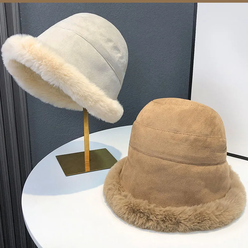 

Fluffy Bucket Hat Women Winter Warm Thicken Cold Protection Fisherman Cap High Quality Plush Thieken Fashion Ladies Panama Hat