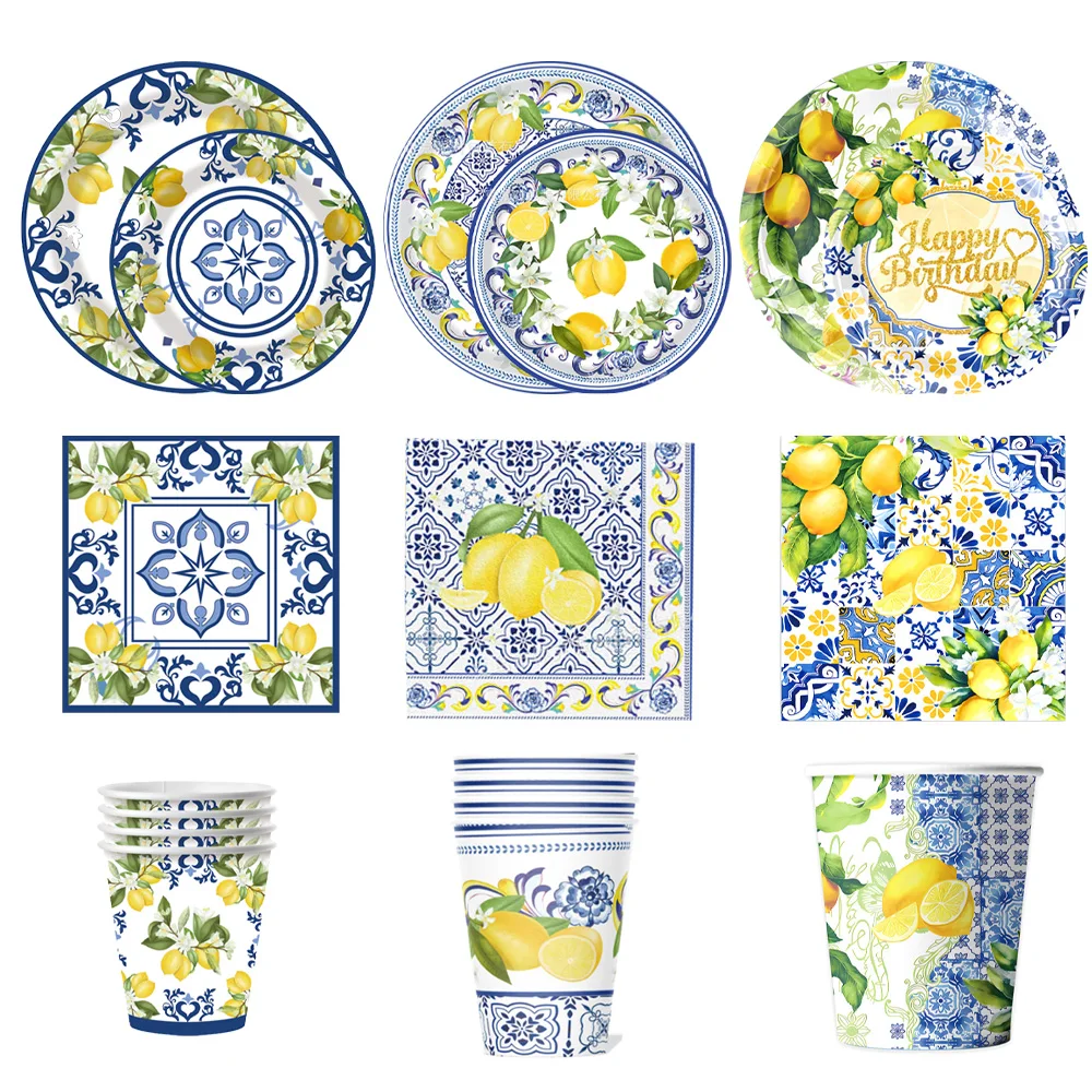 Decoración de cumpleaños de limón, platos de papel de limón siciliano, vasos, servilletas, mantel, pancartas, bautismo en espiral, suministros para fiesta Dolce Vita