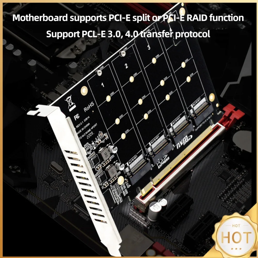 4 Port M.2 NVME SSD To PCIE X16 Adapter Card PCIE Split/PCIE RAID LED Indicator Support M.2 PCI-E SSD/M.2 Device NVME Protocol