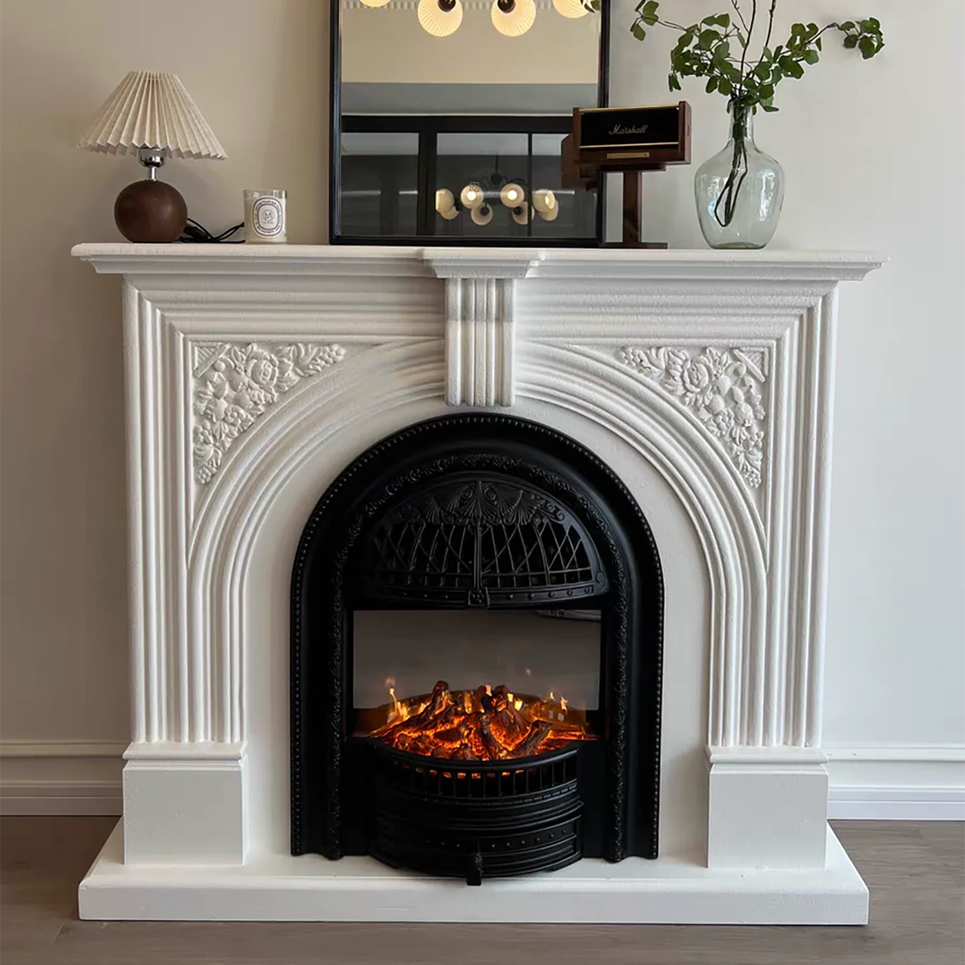 

French solid wood simulated fire fireplace fake fire heating fake fire European living room bird cage decoration retro style