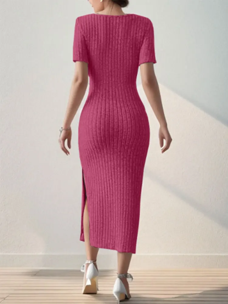 Summer Square Neck, Hip-Hugging Mid-Length Skirt, Short-Sleeved, Versatile Knitted Slit Dress image 6