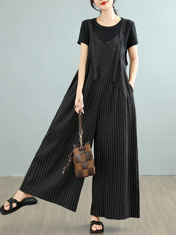 Fashionable plus Size Casual V-Neck Overalls Women's Summer Slimming Versatile Wide Leg Jumpsuit Natural Waist Long Pants