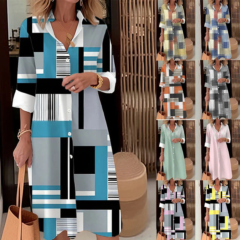 2025 الخريف الشتاء قميص نسائي فستان موضة المرقعة كم طويل التلبيب زر فستان عادية فضفاض الشارع الشهير فساتين سترة