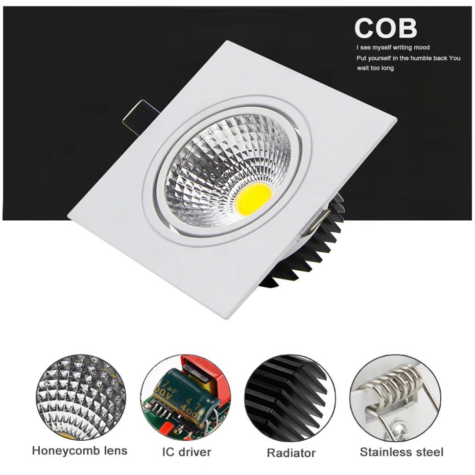 ساحة عكس الضوء راحة COB LED النازل ، LED ضوء السقف ، الإضاءة في الأماكن المغلقة ، الأضواء ، 7 واط ، 9 واط ، 12 واط ، 15 واط ، التيار المتناوب 85-265 فولت