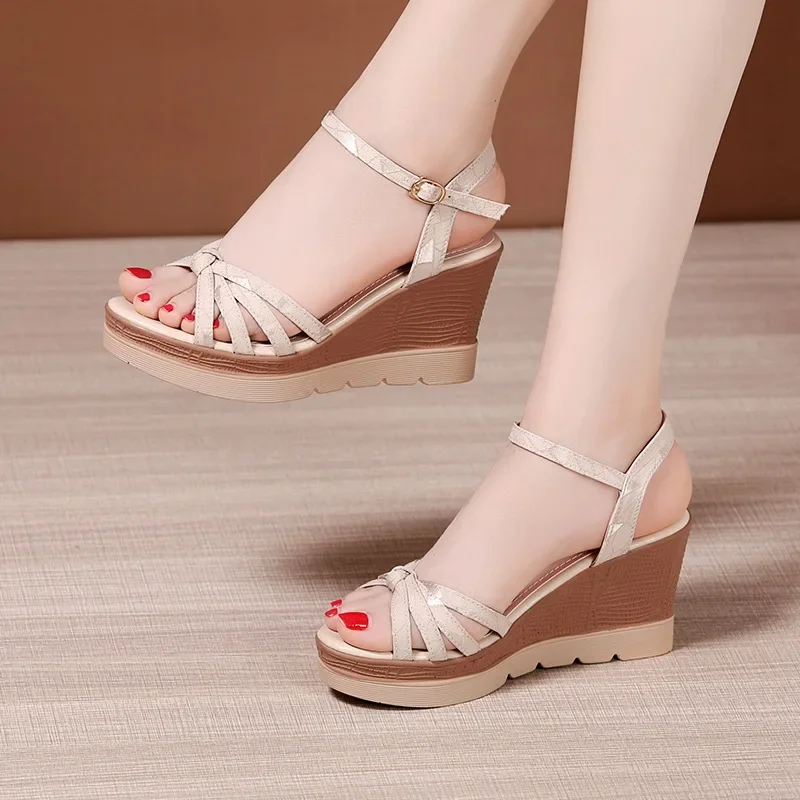 

8 Cm Women's Sandals Summer 2025 Platform Elegant Narrow Band Wedges Heel Women Shoes Offers Dress Peep Toe Shoes Woman 33-43