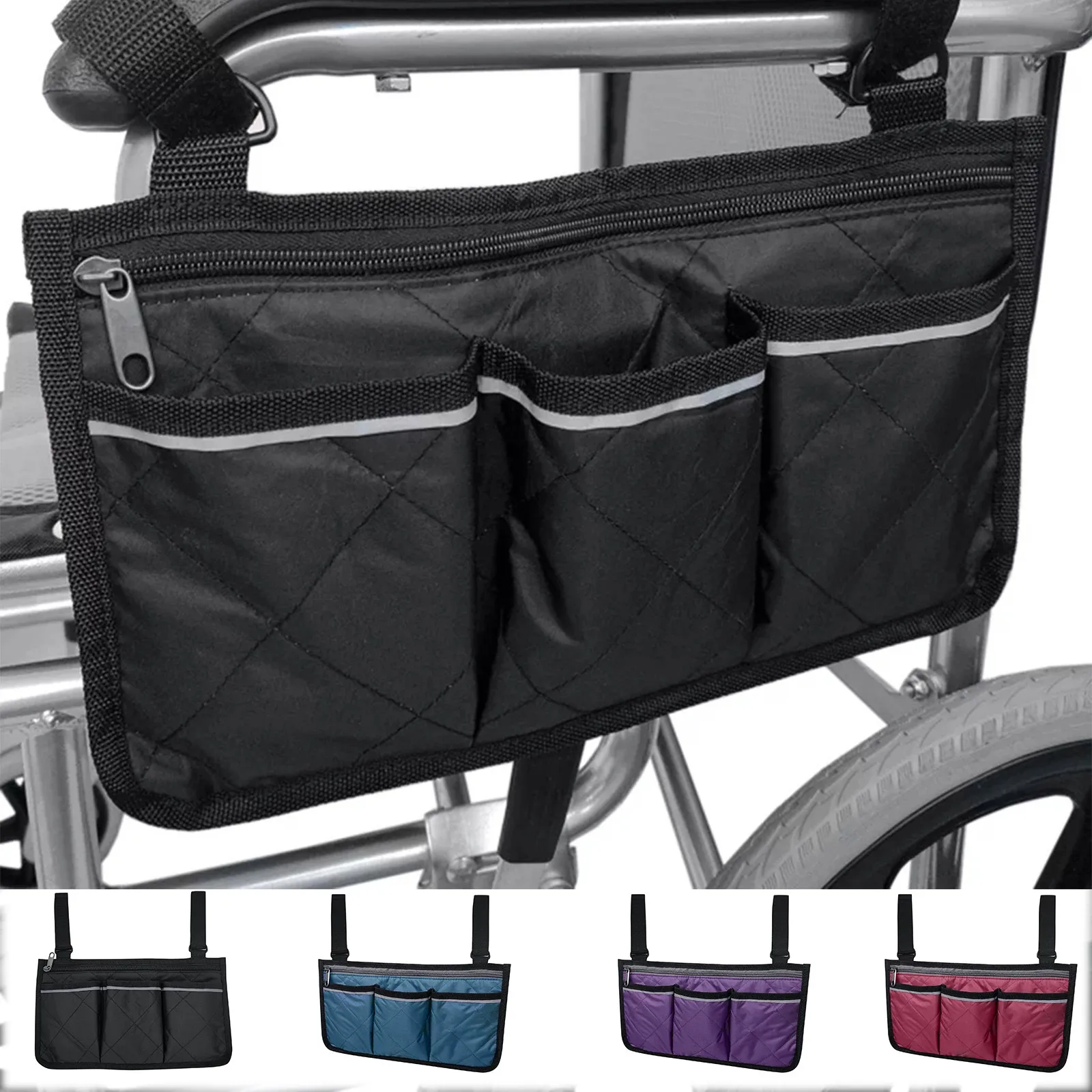 Wheelchair Bag With Reflective Strip - Arm Rest Pouch And Drink - Wheel Chair Accessories Organizers And Water Bottle Holder