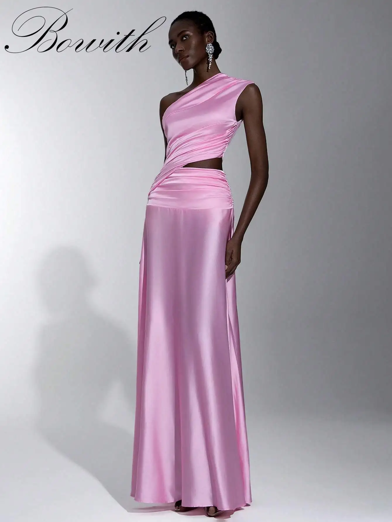 

Элатара Bowith по индивидуальному заказу, элегантная, романтическая, сексуальная, простая розовая, атласная, эластичная, асимметричная шея, с короткими рукавами, с рюшами, полая