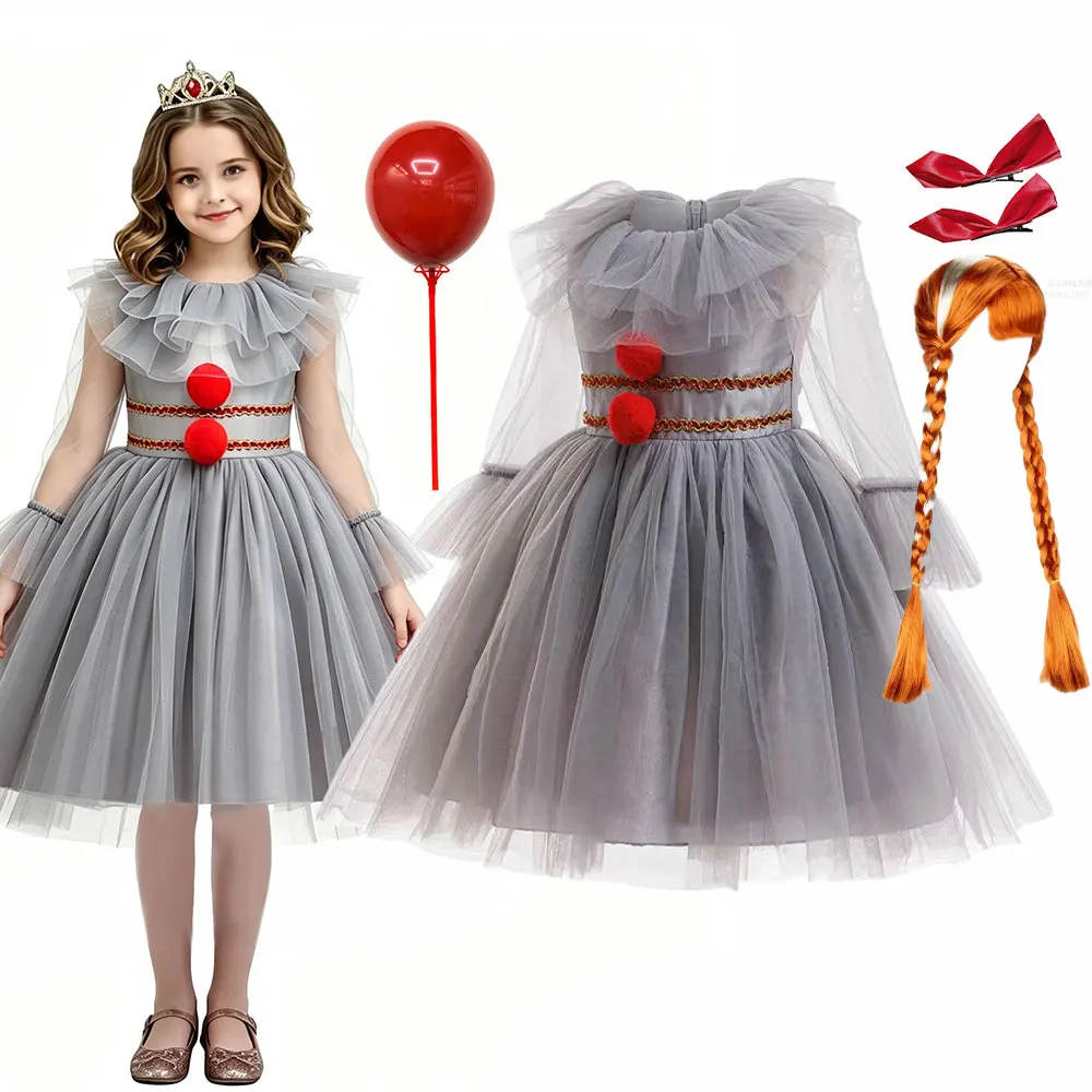 Pennywise Halloween Kids Clown Cosplay Costume Long Sleeve Tulle Tutu Dress With Red Pom Pom Decor Girls Carnival Joker Costume
