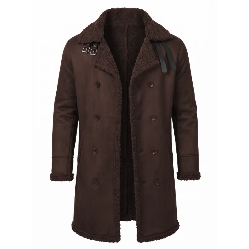 Neue Herren-Winterjacke aus Kunstwildleder & Pelzgefüttert Winddichte Doppelreihige Streetwear-Jacke Warme Jagd-Oberbekleidung Herrenjacke – Detail 2