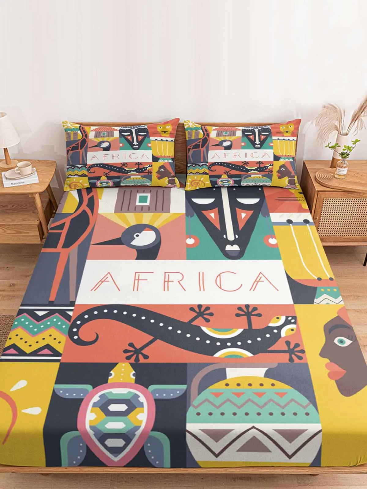 

Africa Tortoise Sun Giraffe Lion Lizard Queen Bed Mattress Fitted sheet Elastic Rubber Band Non-slip Bed Sheet Pillowcase Set