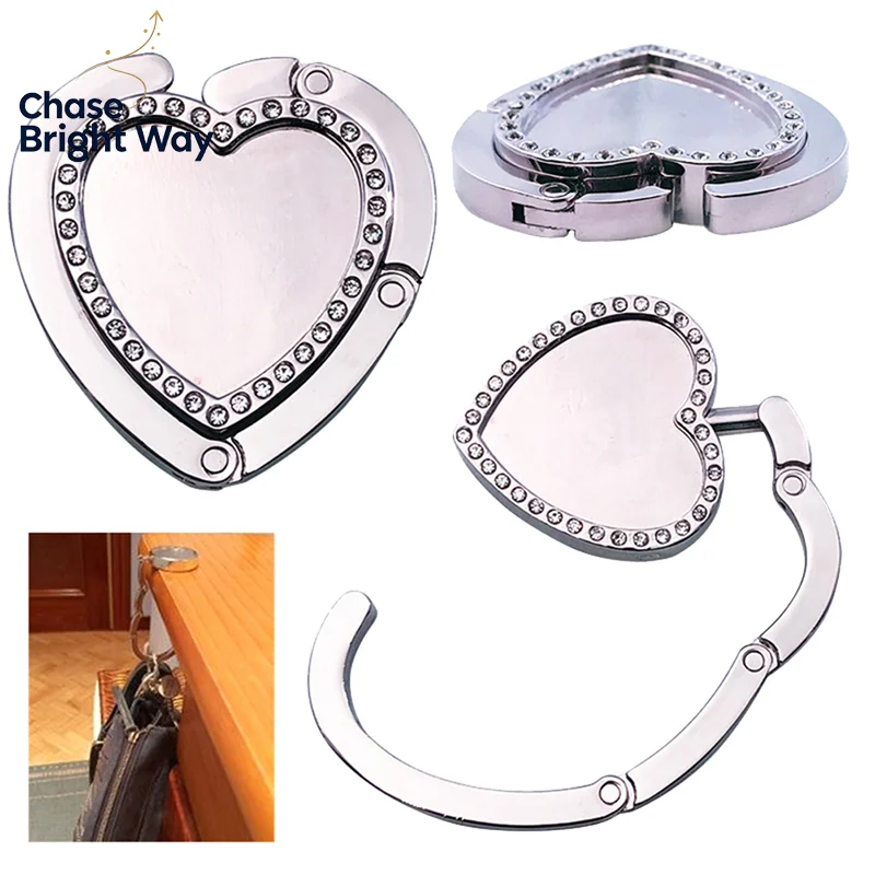 1Pc Bag Hook Portable Folding Bag Hanger Hook Fashion Crystal Heart-shaped Purse Handbag Holder Table Hook Bag Parts Accessories