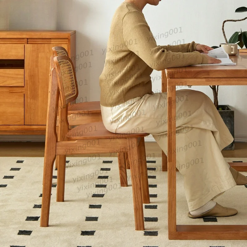 Solid Wood Dining Chair Retro Rattan Backrest Simple Chair for Home Restaurant Commercial Use