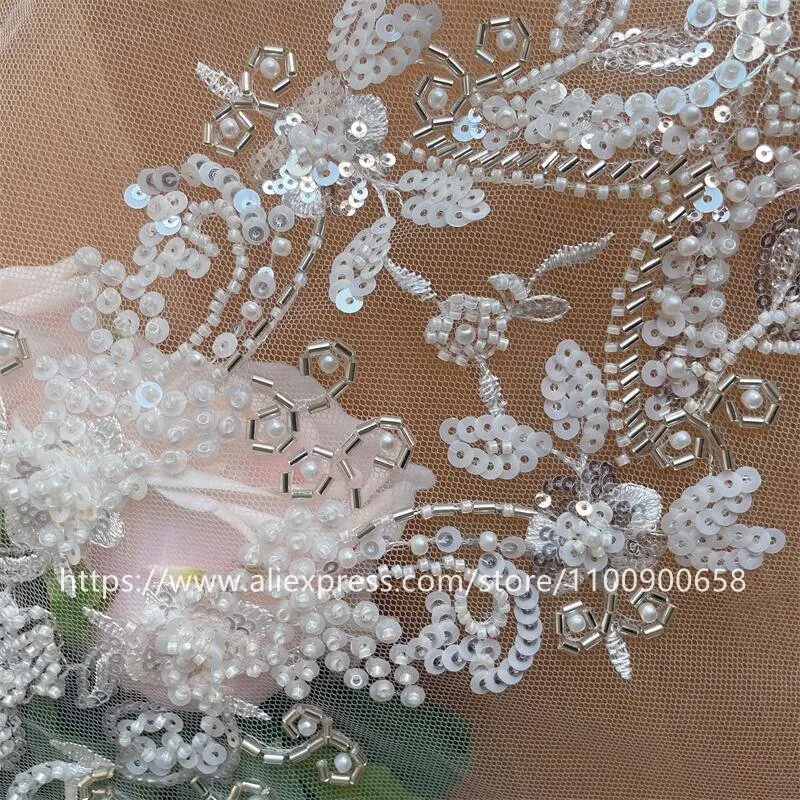 Embroidered Lace Fabric for Wedding Dress, 3D Flowers Beaded Sequins, Pearl Tube, Senior Shining Bride Fabric, RS4076