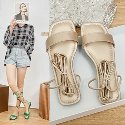 Sexy Women Sandals Basic Daily Square Low Heels Shoes Woman Solid Fashion Lace Up Summer Sandals Plus Size Zapatos De Mujer