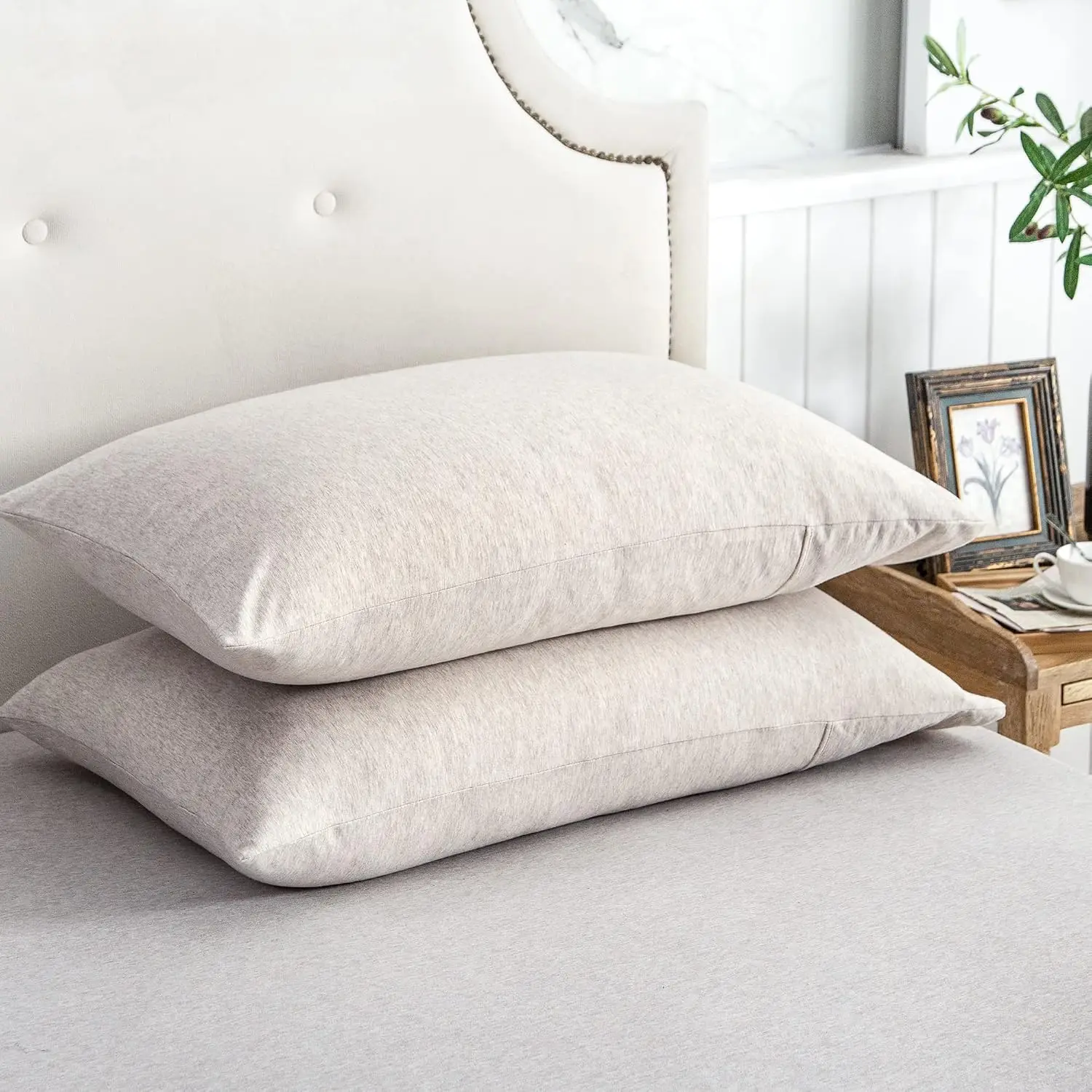 Jersey Knit Pillow Cases 100% Cotton, Set of 2, T Shirt Soft, Breathable, Stretchy, Envelope Closure Pillowcases, Machine Washable, No Insert, Modern