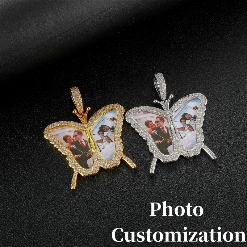 D&Z New Butterfly Shape Custom Photo Pendant Necklace For Men Women Solid Back Personalized Cubic Zircon Family Friend Gift