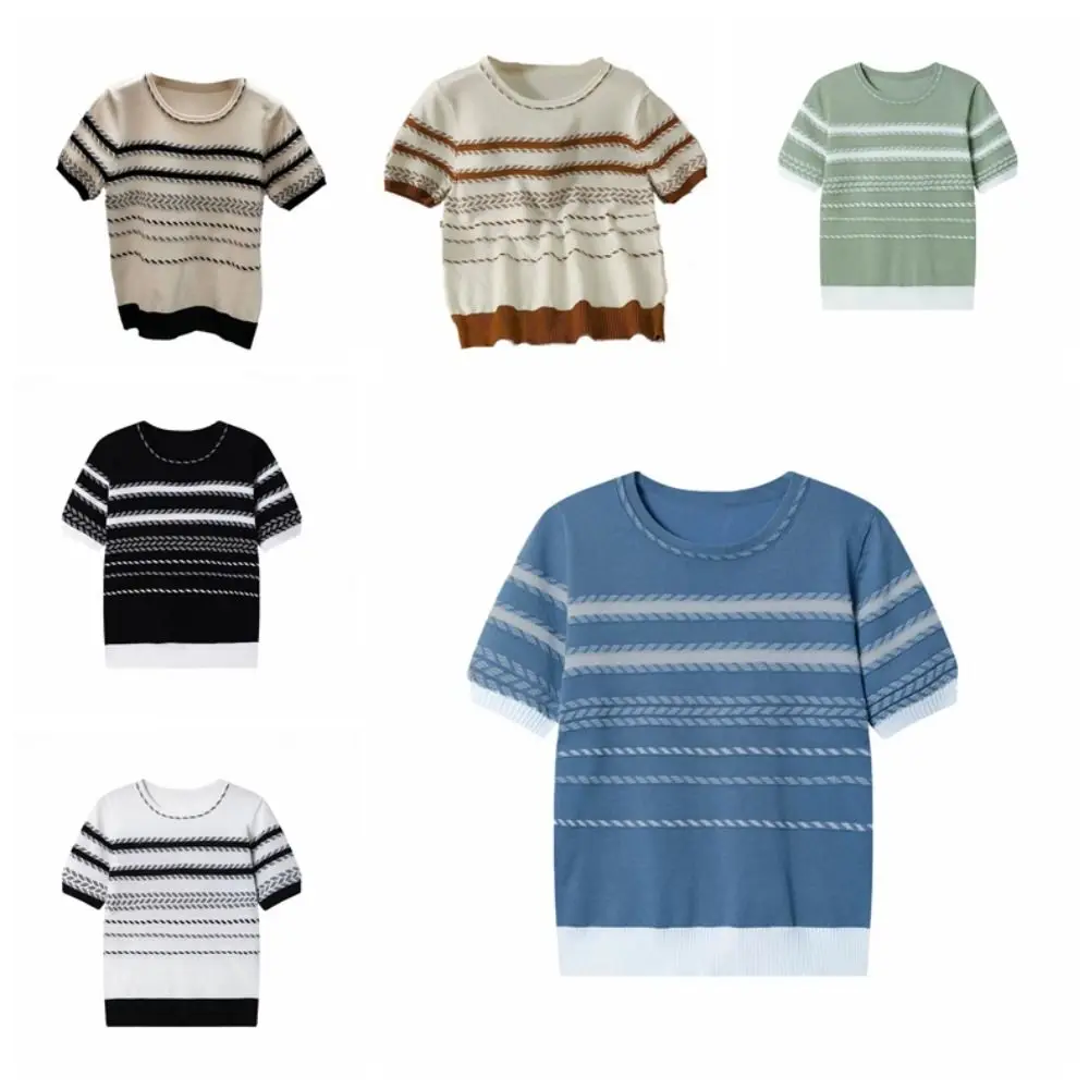 Sweet Ins Crop Top met korte mouwen Losse vrouwelijke kleding Streep gebreid T-shirt Zomer dieptepunt Shirt Knitwear Dames Dames
