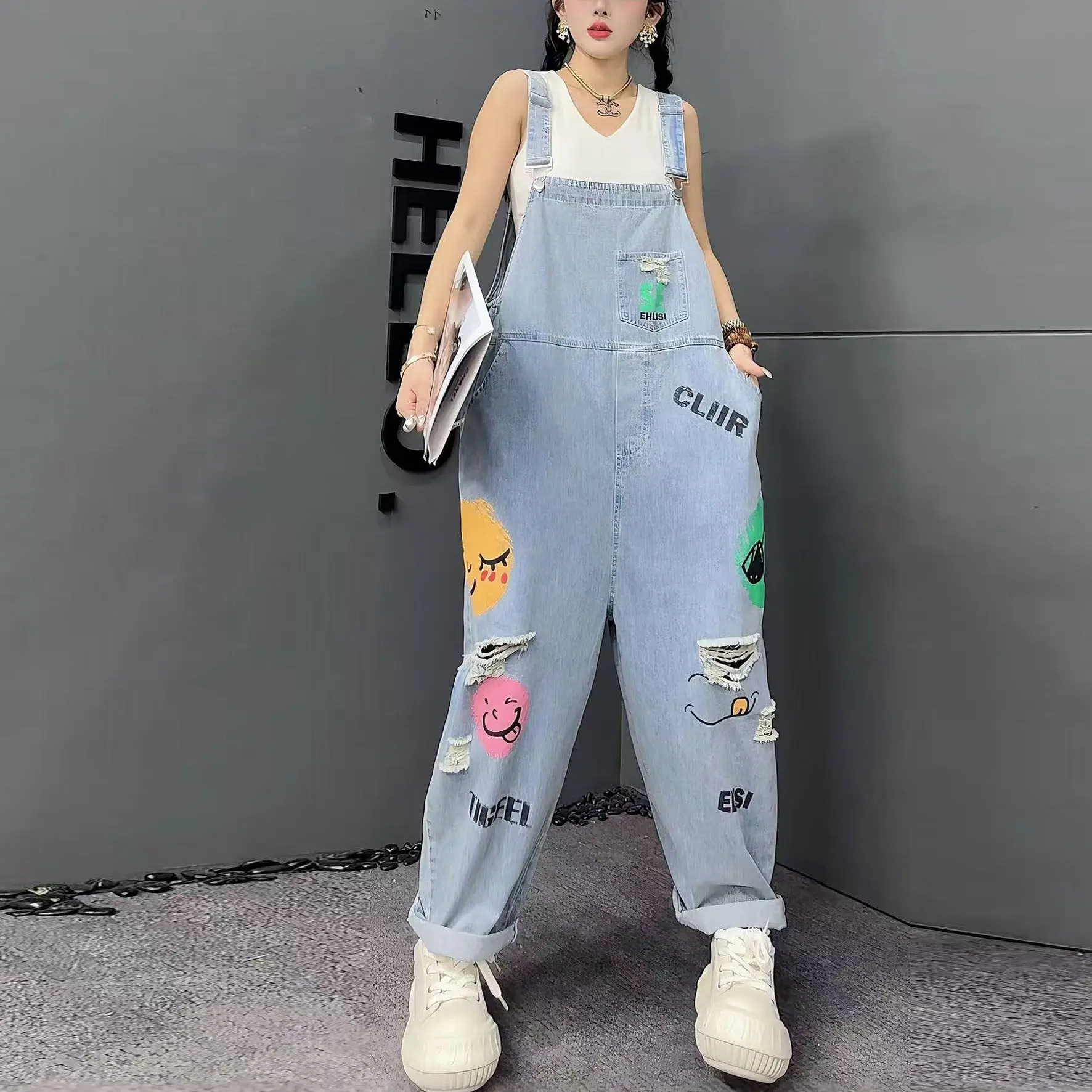 Spring and Autumn New Women's Cowboy Jumpsuit with Printed High Waisted Casual Overalls