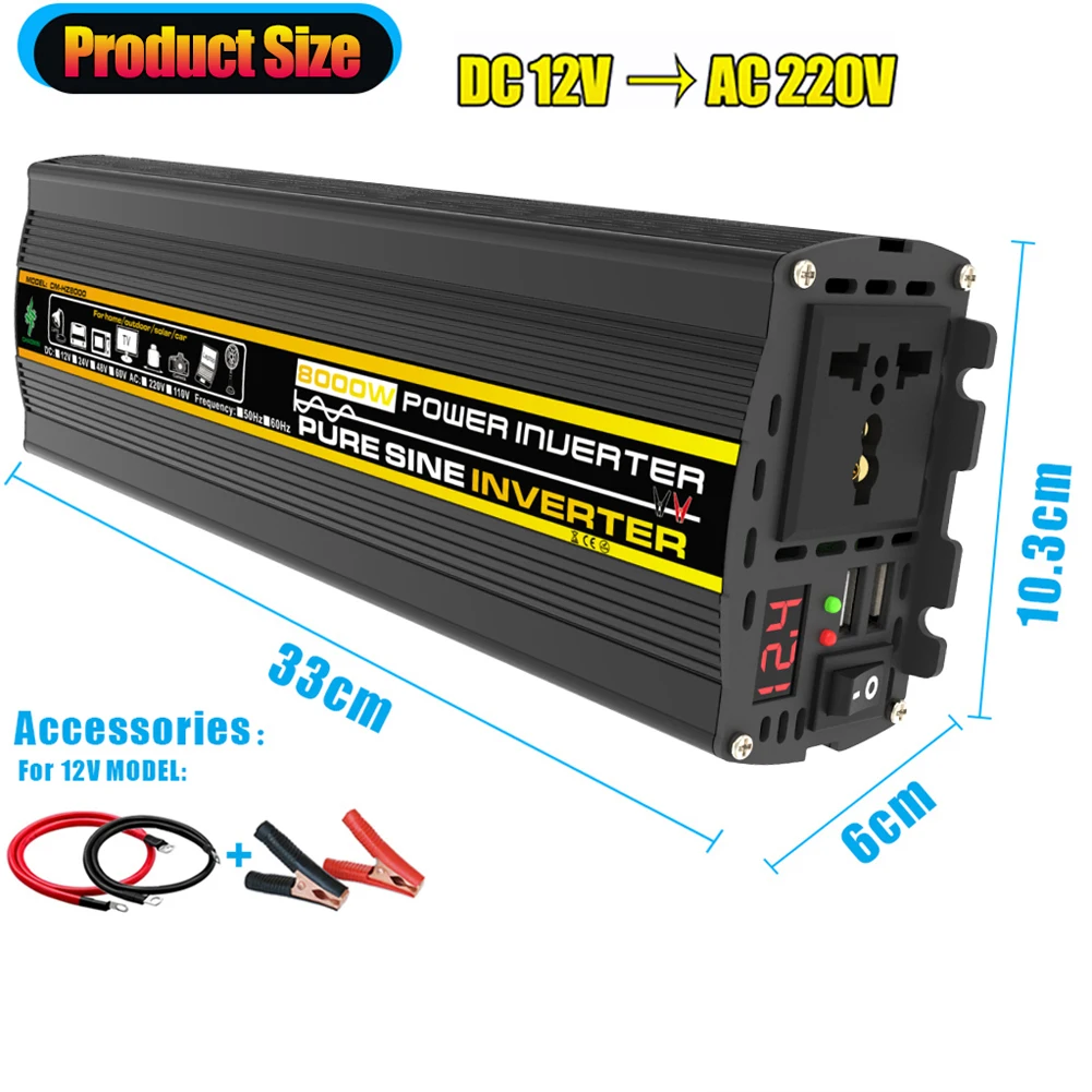 Convertitore di potenza 3000/4000/6000/8000W Display a LED Doppia onda sinusoidale pura USB DC 12V a AC 220V per auto RV per apparecchi per veicoli