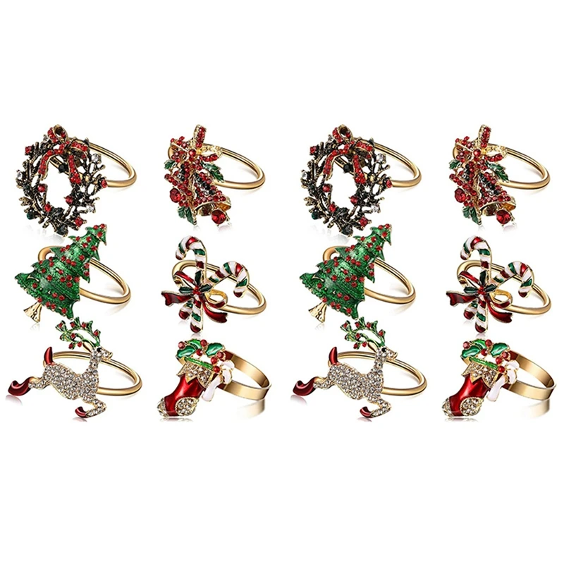 12Pcs Christmas Napkin Rings Xmas Napkin Holder Rings Wreath For Holiday Party Dinner Table Decoration