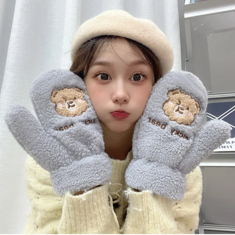 قفازات الدب الشتوية النسائية اللطيفة على الطراز الكوري، مبطنة بالصوف، قفازات سميكة كاملة الأصابع لركوب الدراجات للدفء والحماية #1