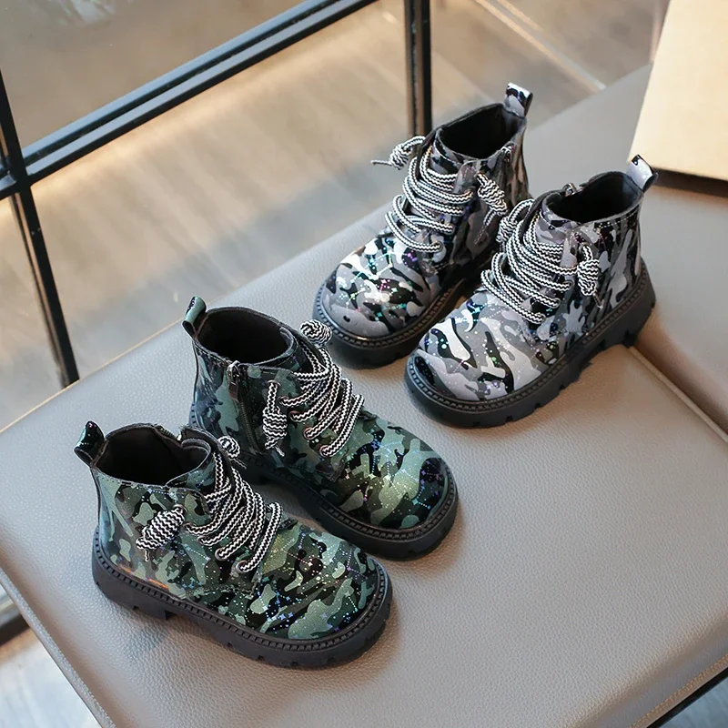 

Kids Fashion Boots for Boys Girls Camouflage Motorcycle Boots Children Ankle Shoes with Zipper Fashion 2024 Autumn Winter New