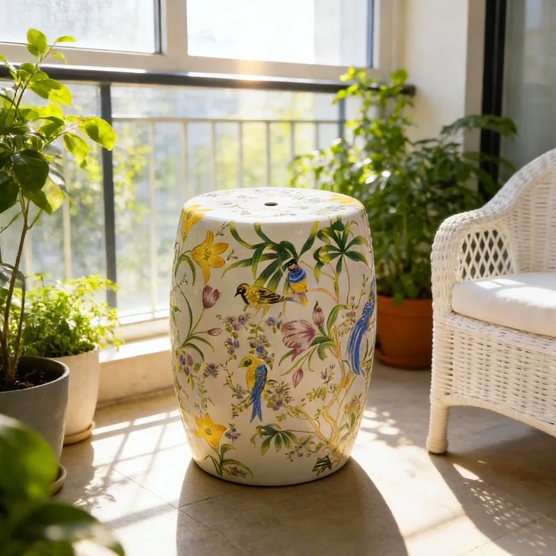 High-temperature ceramic flower and bird drum bench, ceramic pier, national style living room side table