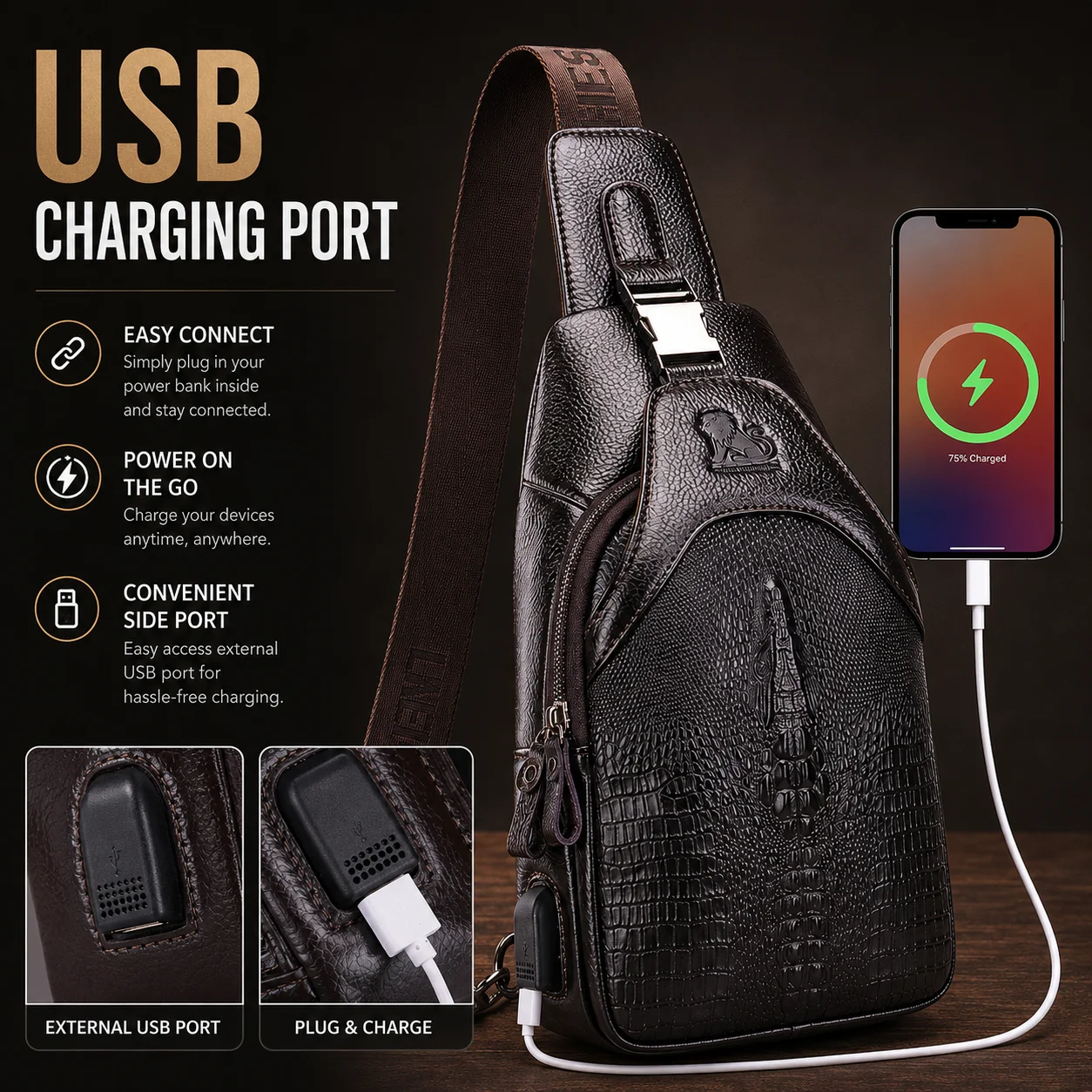 Men's Crocodile Pattern Leather Chest Bag USB Charging Crossbody Shoulder Sling Pack for Travel Work Gym Outdoor Daily Commute