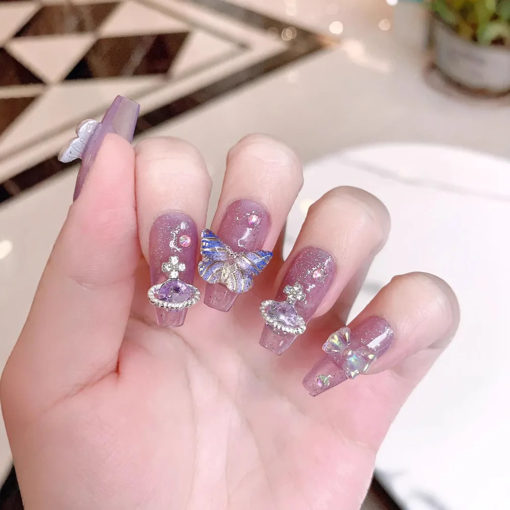

10pc Light Luxury Handmade Press On Nails Glittering Aurora Planet Nail Stickers Purple Butterfly Planet Removable False Nails