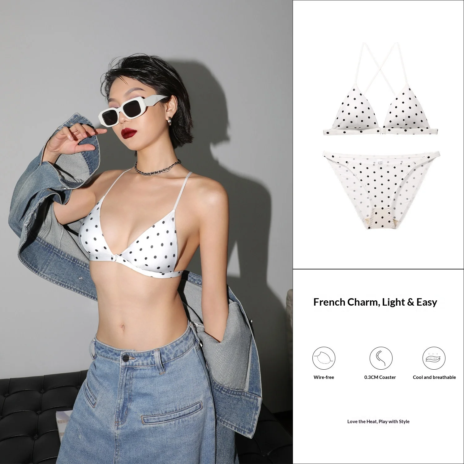 Wave Point Front Buckle Thin Strap Bra Underwear Set, Women's Triangle Cup Gathering Two-piece Set, Close Fitting Underwear