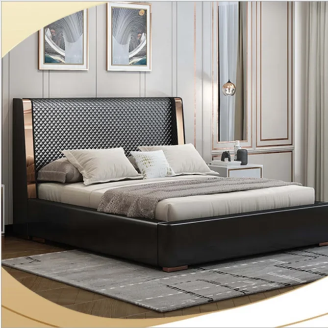 Luxury Home bedroom sets  high back headboard  leather modern queen size bed  double bed design furniture