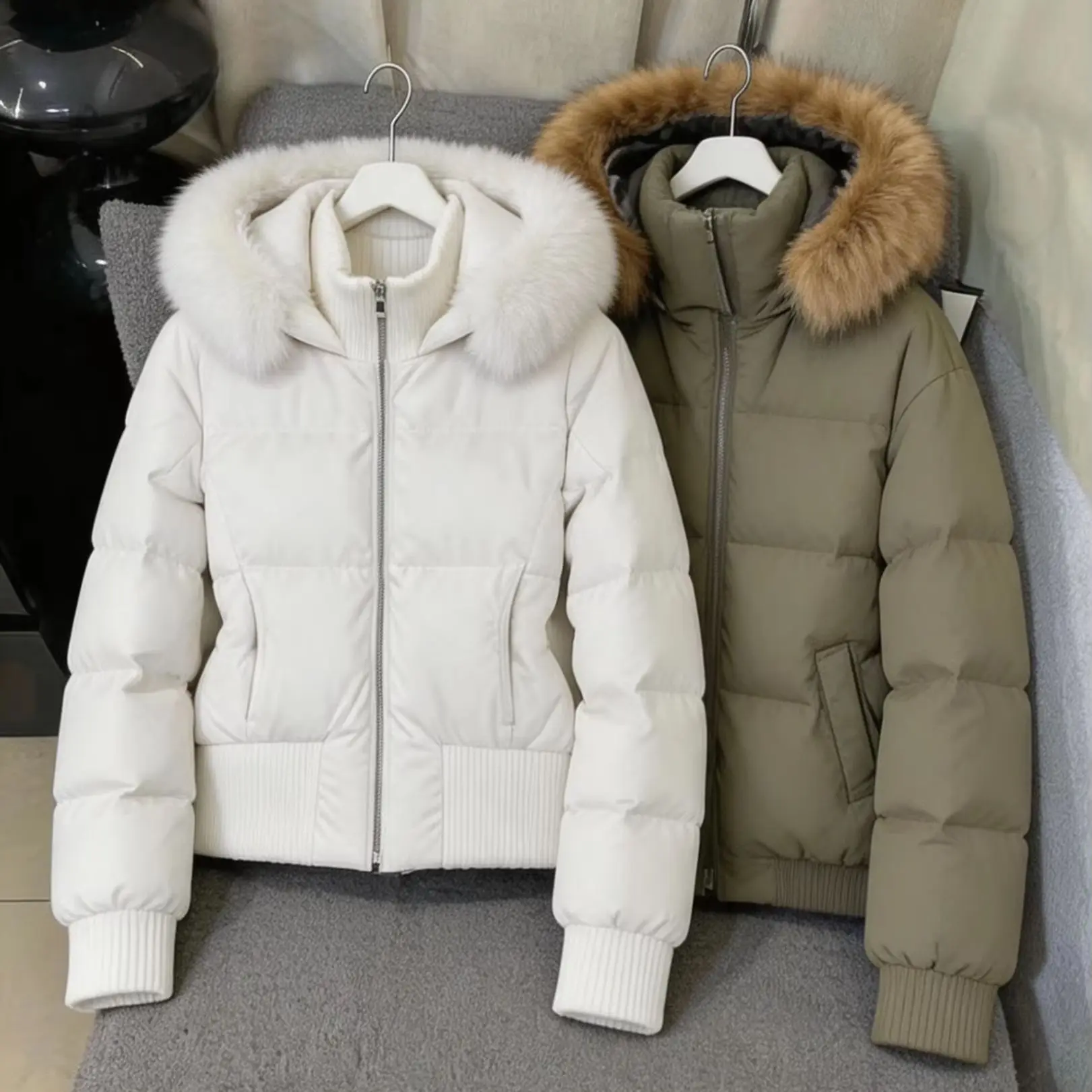 Women Winter Warm Thick Down Parka Faux Fur Trim Hooded Coat Y2K Vintage Korean Loose Casual Street Daily Outerwear Tops