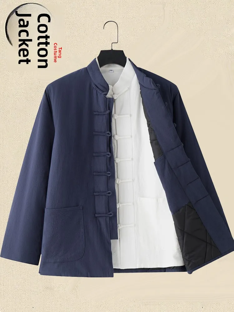 

Утепленная хлопково-льняная мужская зимняя куртка в стиле ретро, традиционная мужская одежда из грубой ткани в стиле Тан, верхняя одежда для мужчин.