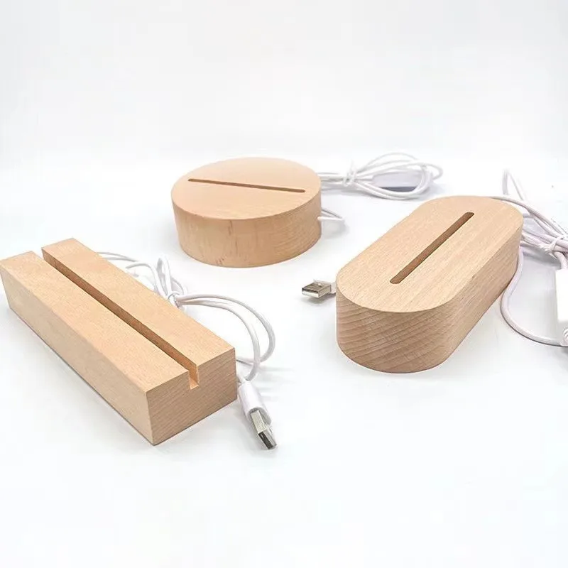 

50Pcs LED Solid Wooden USB Cable Night Light 3D Warm White Light Holder Lamp Wood Round Oval Rectangle Shape Lighted Base Stand