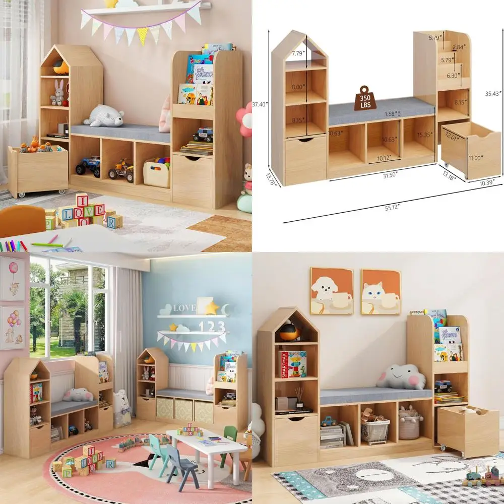 

Oak Kids' Bookshelf with Reading Corner, 7 Storage Spaces and 2 Removable Stools, Ideal for Child's Bedroom