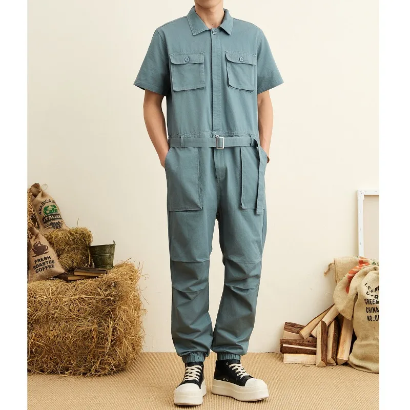 

Retro Locomotive Toolin MenTrendy Multi-pocket Casual Leggings Jumpsuit Short-sleeved Set