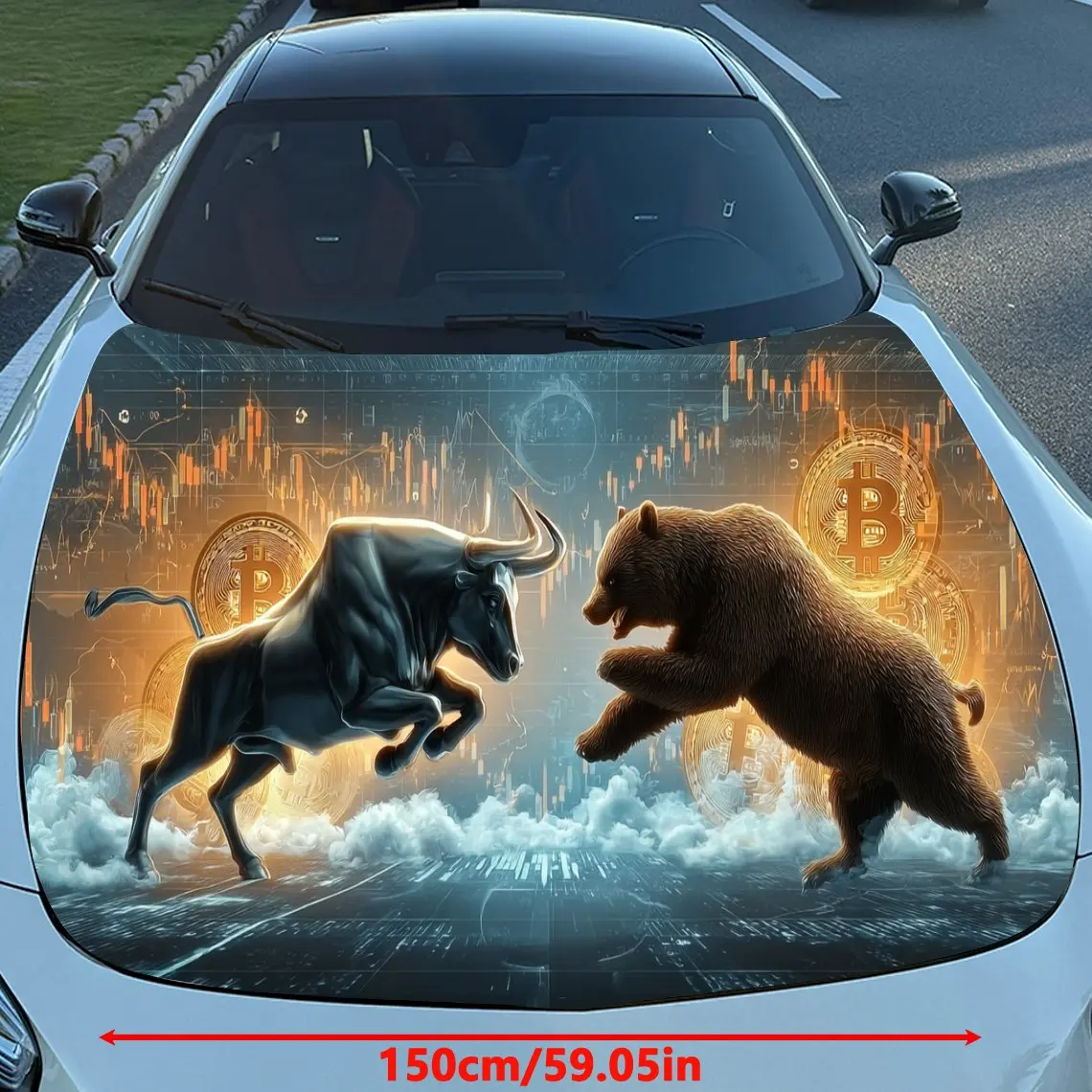 Digital Finance Bull and Bear Domination Car Vinyl Wrap, PVC Material Waterproof Car Hood Sticker, Self-Adhesive Scratch-Resista