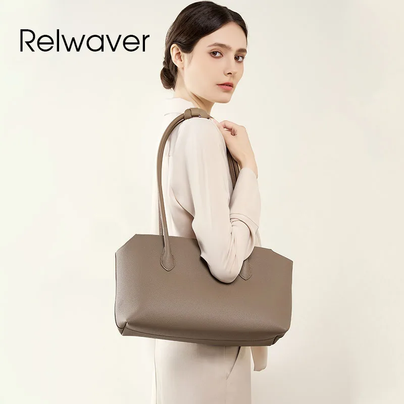 Relwaver women tote bag genuine leather bags for women 2024 autumn winter brief zipper shoulder bag big commuting ladies handbag