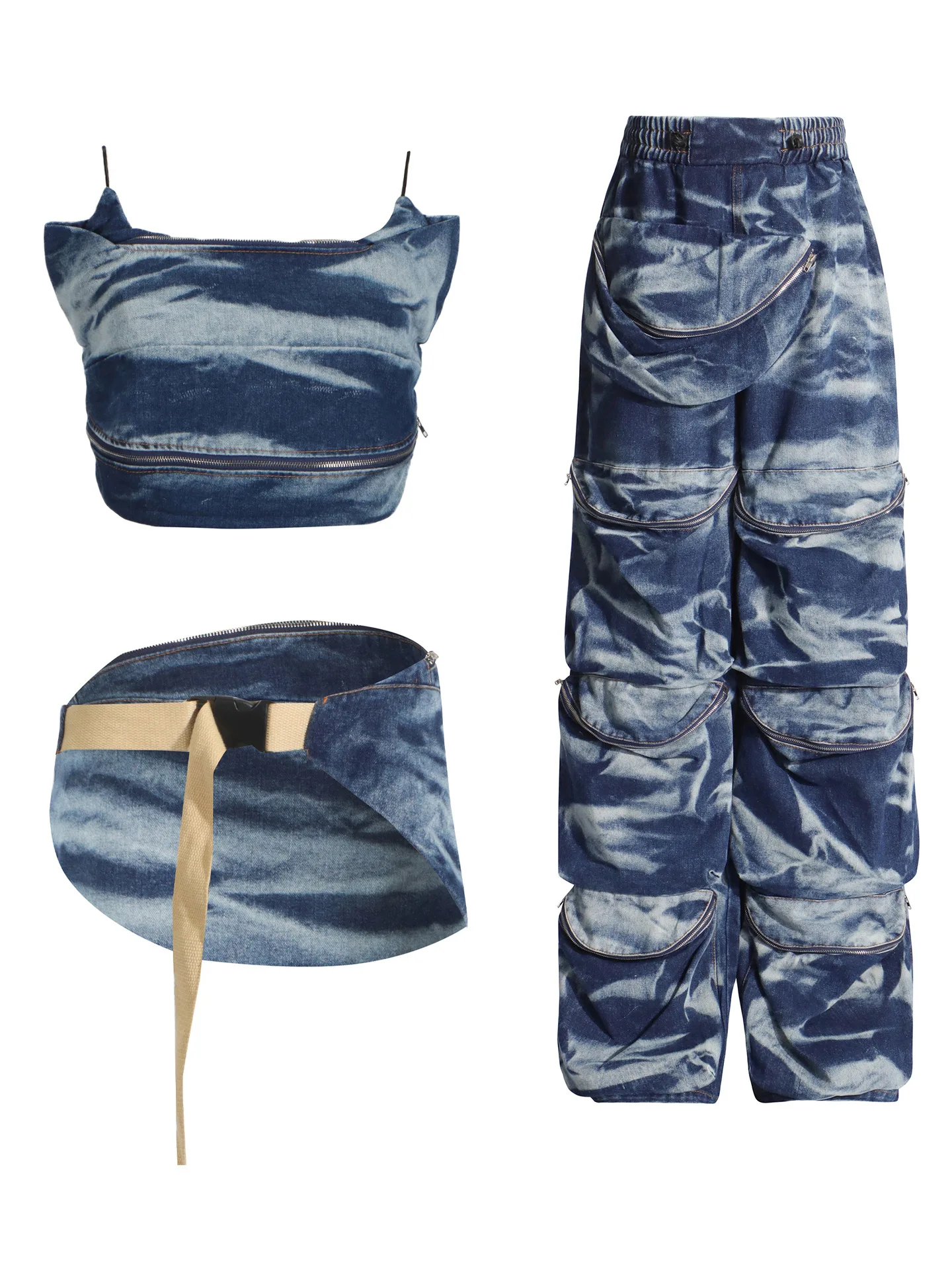 Blue Camouflage Summer Women Suit Pants Set 2 Piece Top+Loose Trousers Sleeveless Jacket Casual Multi Pocket Workwear Pants