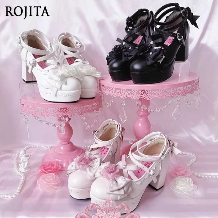 

Japanese Lolita High Heels Women's Sweet Lolita Platform Mary Janes Bow Rose Decor Chunky Heel Ankle Strap Lolita Shoes