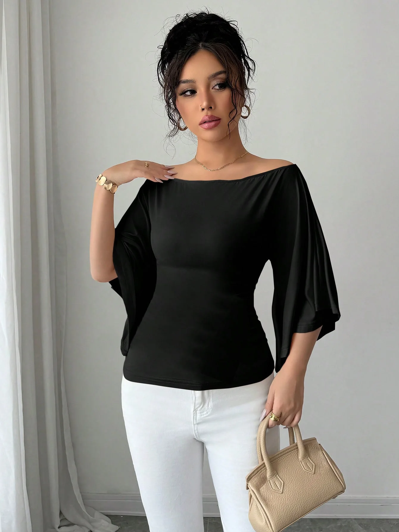 Nuevo top de manga de murciélago de un solo hombro de color liso para mujer, elegante vestido de mujer de media manga con un toque de diseño