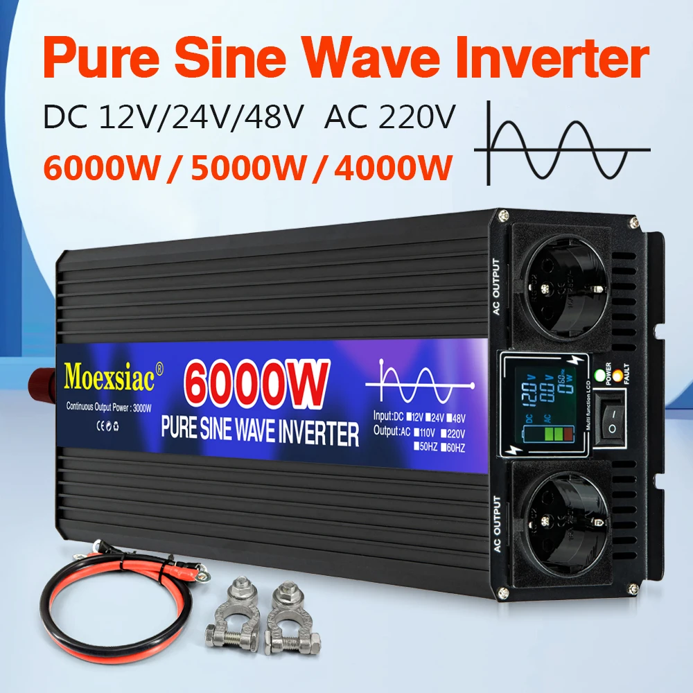 4000 واط 5000 واط 6000 واط نقية شرط لموجة العاكس تيار مستمر 12V24V إلى التيار المتناوب 220 فولت الاتحاد الأوروبي المقبس الشمسية سيارة العاكس محول للاستخدام في الهواء الطلق/RV/التخييم