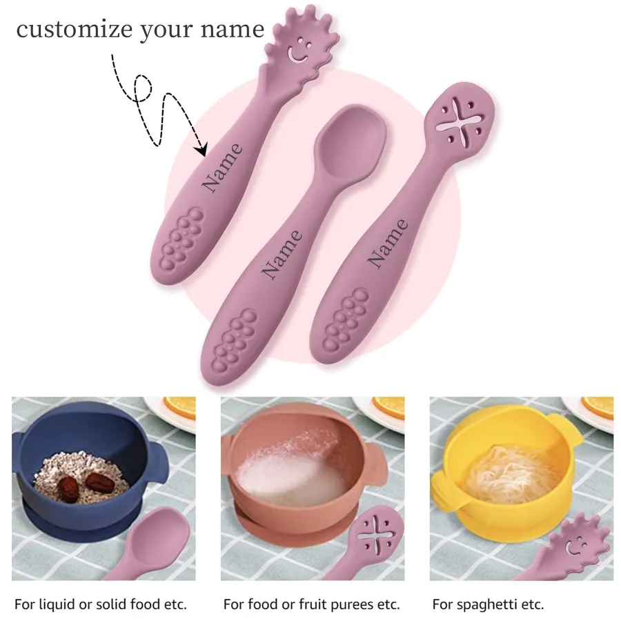3pcs Silicone Baby Spoon & Fork Set | BPA-Free Toddler Utensils Feeding 3 Pack with Grip Handle for Infants