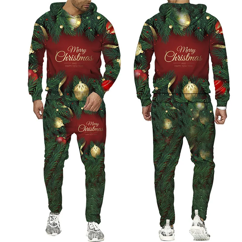 Regalo per la festa di natale albero stampato in 3D uomo donna felpa con cappuccio 2 pezzi Set pantaloni sportivi con cappuccio moda 2 pezzi tuta