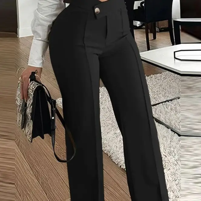 الخريف والشتاء السراويل النساء 2025 موضة تنوعا عادية مثير بأزرار مستقيم واسعة الساق العمل بنطلون ملابس الشارع الشهير